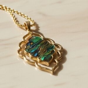 NEW Canvas Style  Goldtone Necklace Pendant Gold Colorful Abalone Shell Reverses